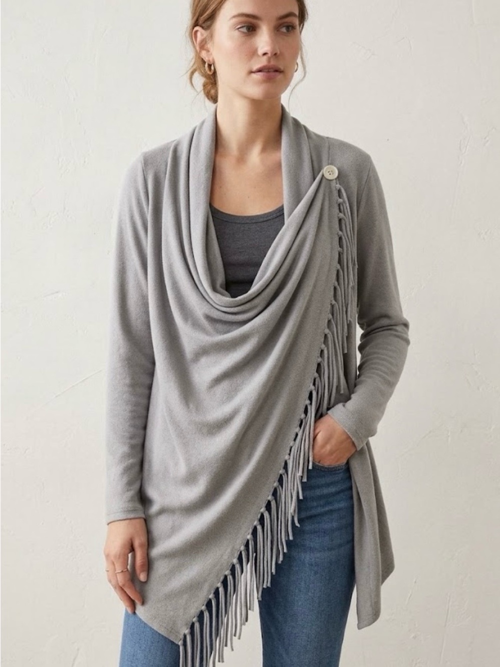 Source Unknown Light Gray Draped Fringe Cardigan